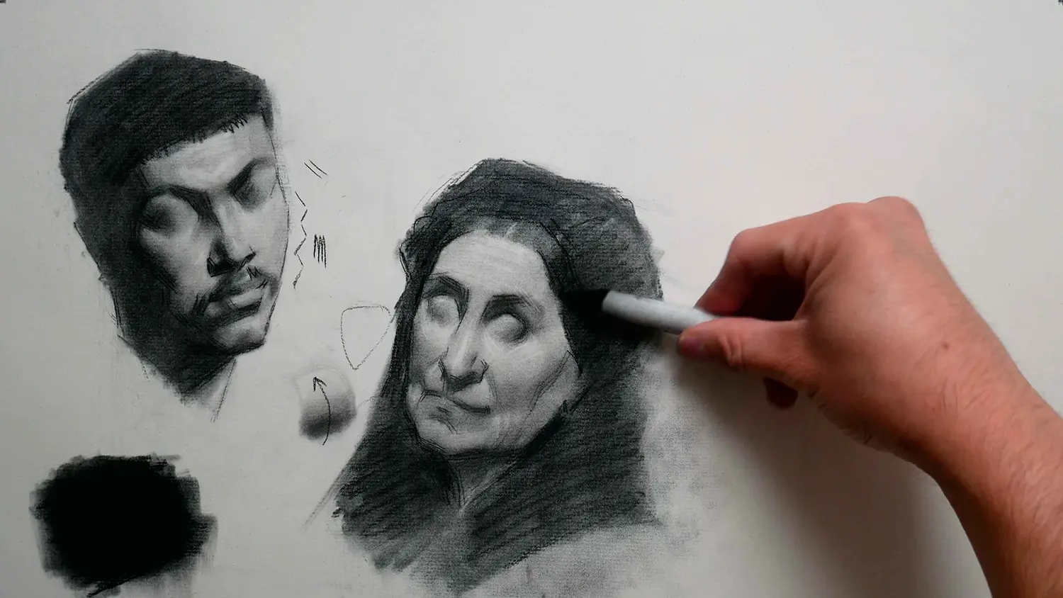 Charcoal portrait drawings in progress